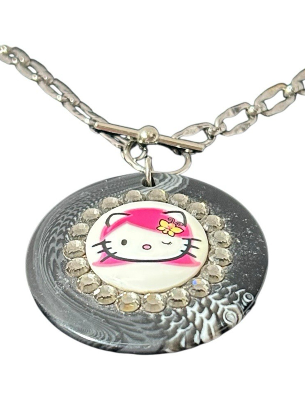 Tarina Tarantino Vintage Pink Head Black White Swirl Lucite Hello Kitty Necklace